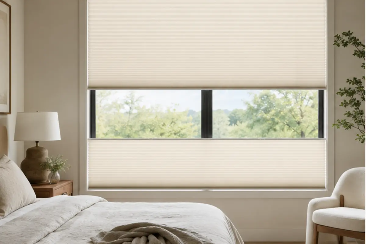 Top-down bottom-up cellular honeycomb shade in a bright bedroom