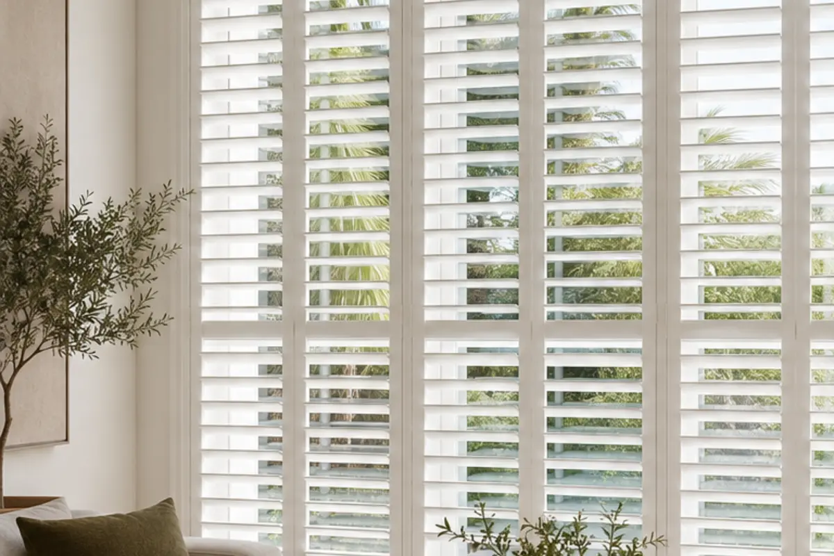 Custom white plantation shutters in a refined living room
